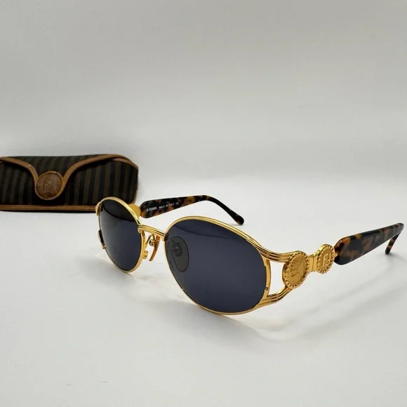 Fendi FS 261 Vintage Gold Oval Sunglasses Blue Lens Tortoise Italy w/ Case - Picture 1 of 10